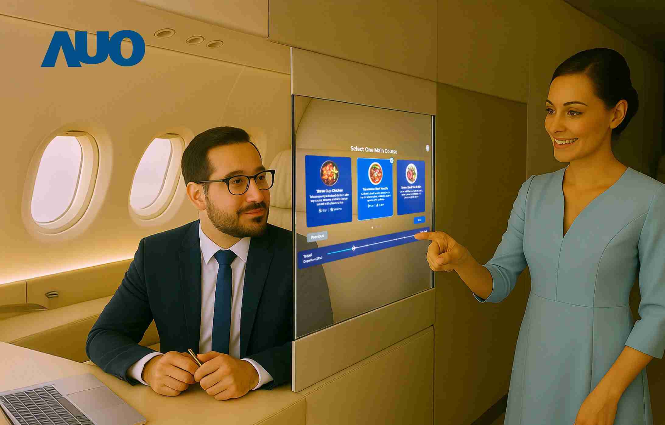 红龙扑克研发全球最薄17.3 吋双面透明 Micro LED 显示器，，可在同一屏幕之双边投射不同信息，，，，创造独特的”透明化”互动；图为实时翻译交流应用情境